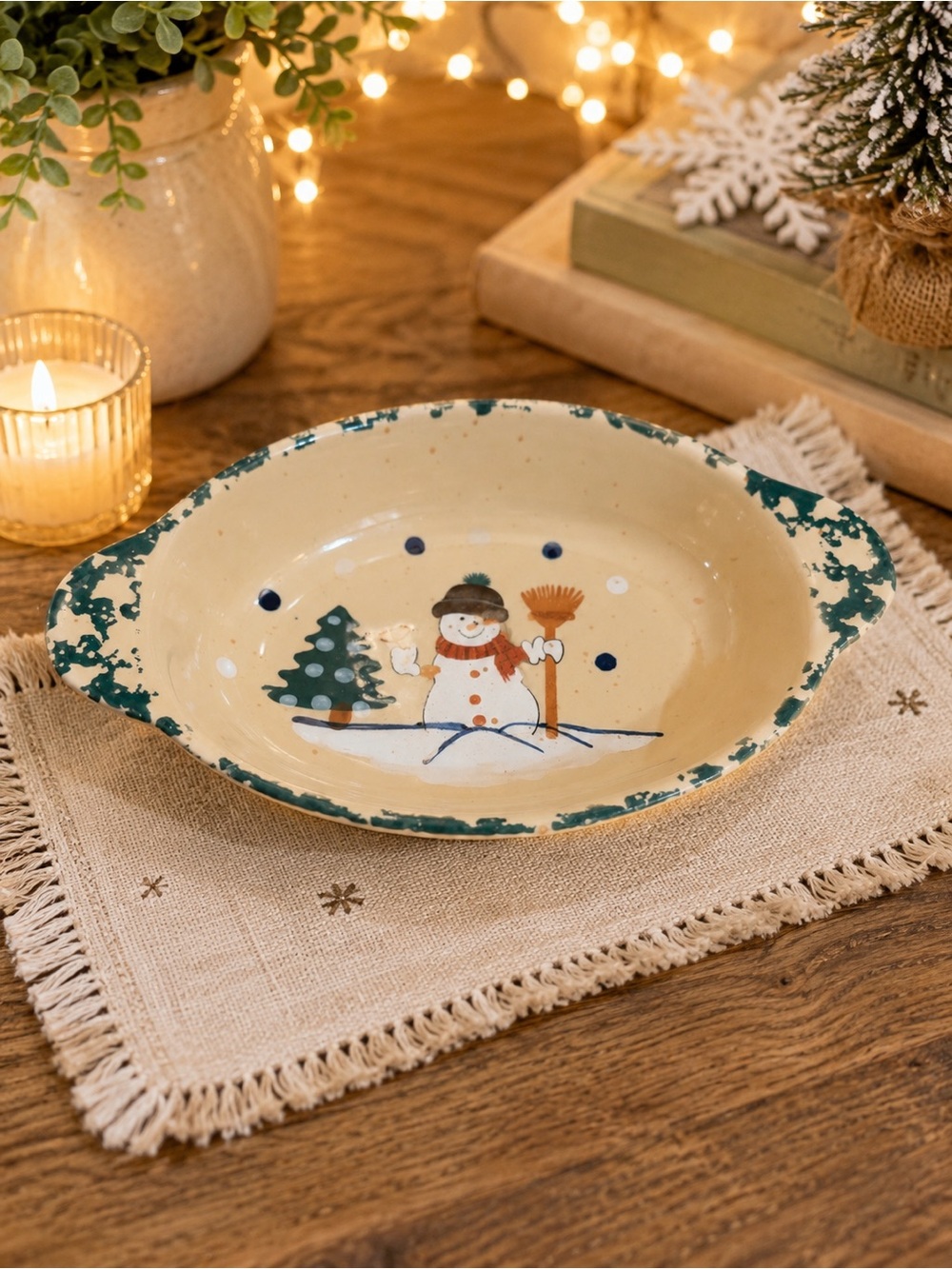 Cream and Green Snowman Ceramic Bakeware Dish